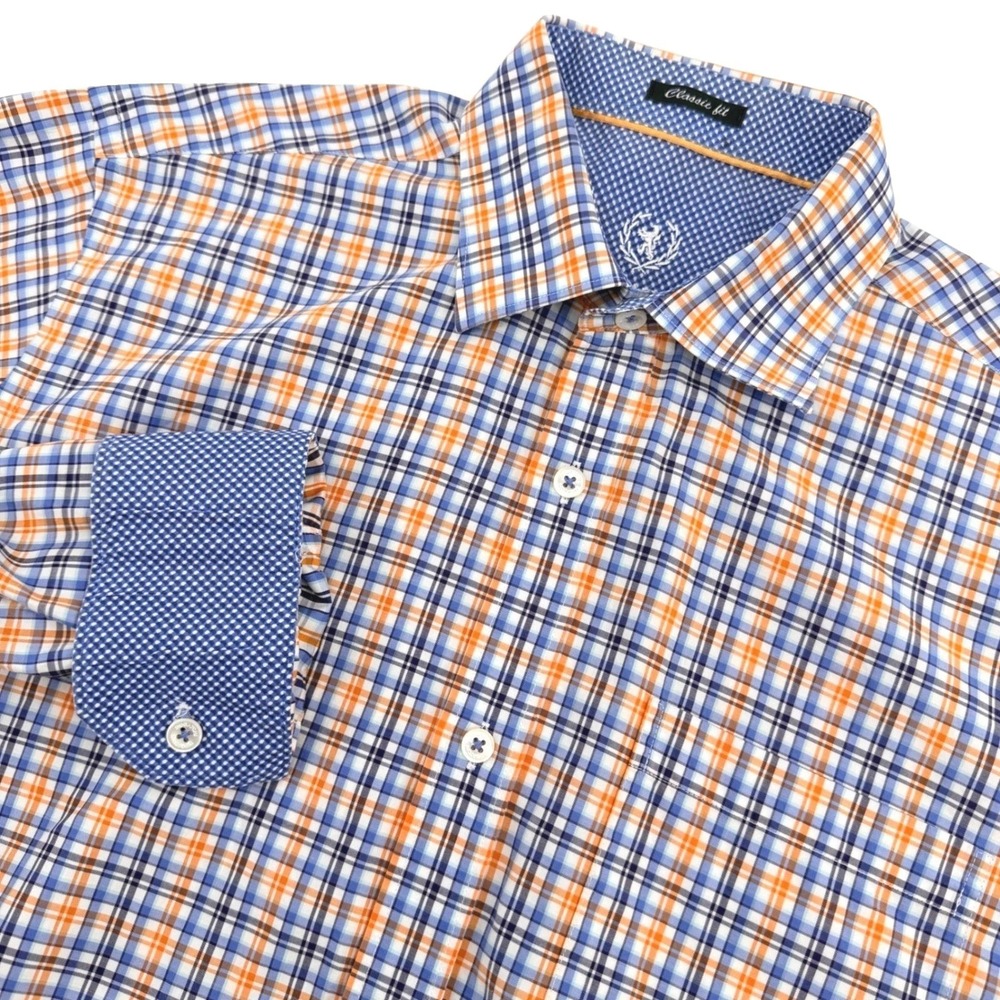 Bugatchi Uomo Shirt Mens L Fit Orange Blue Plaid Classic Fit Cotton Flip Cuff LS